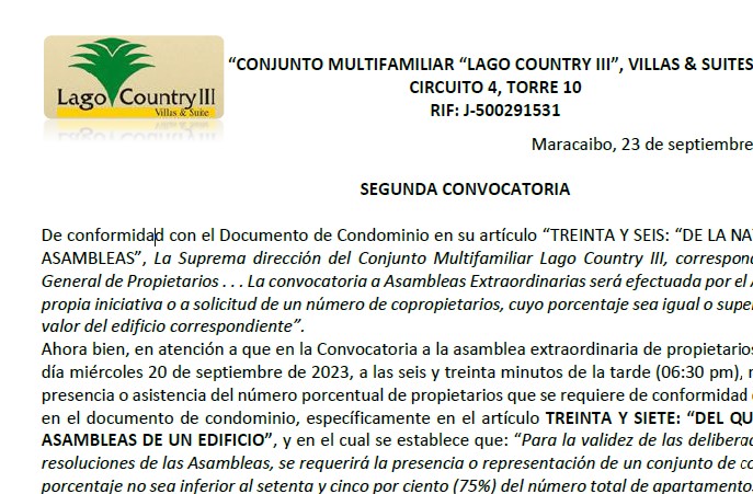Condominio de “LAGO COUNTRY III”, VILLAS & SUITES” llama a segunda convocatoria para el viernes 29