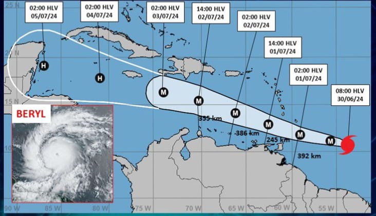 Huracán Beryl pasará con una distancia de 340 Km de su centro hacia las costas venezolanas, desde hoy hasta el 2-Jul: Reportó el Inameh