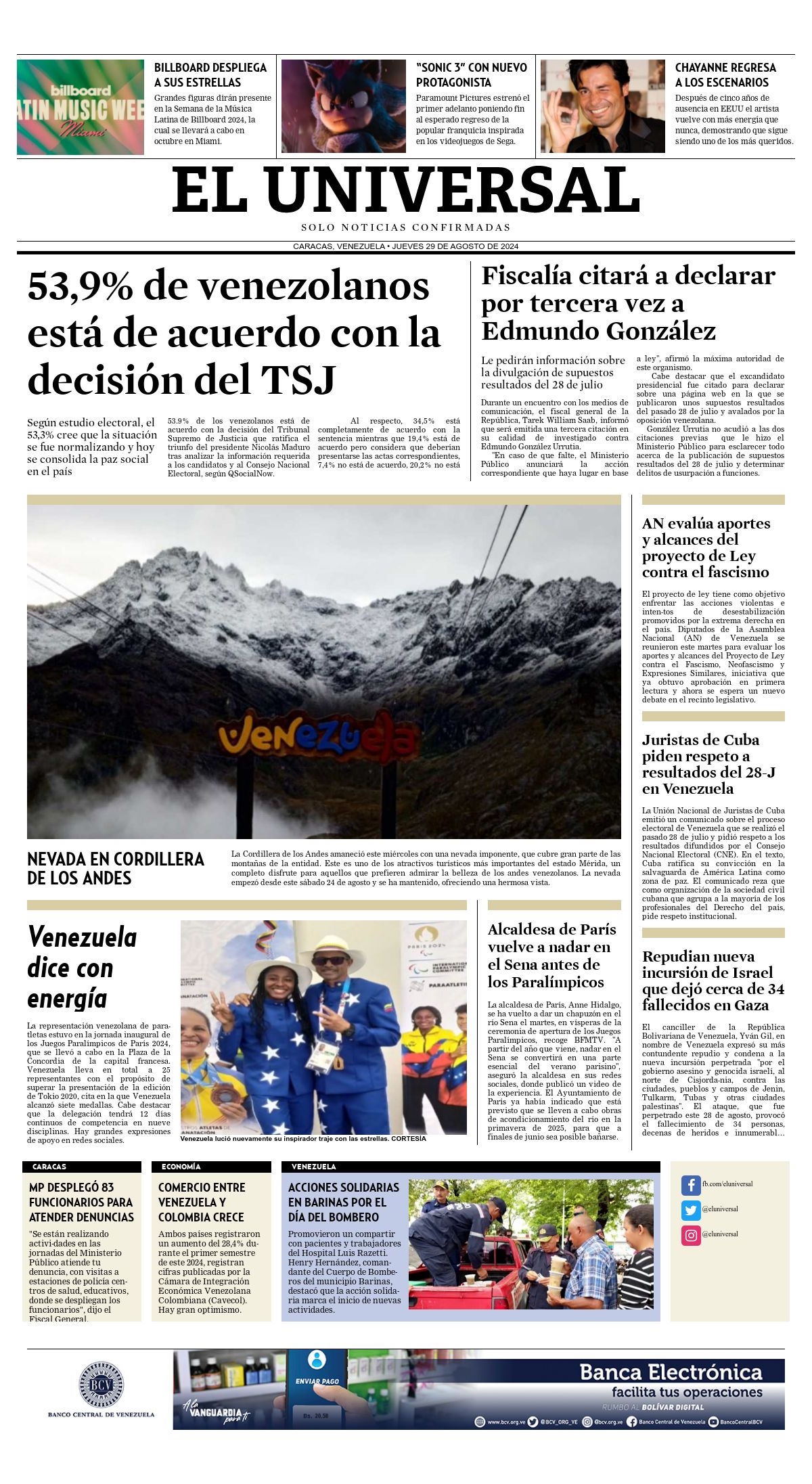 Titulares de la prensa nacional para este 29 de agosto