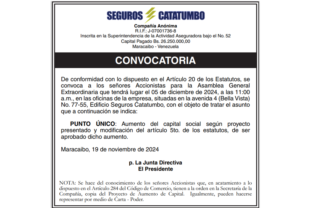 Seguros Catatumbo; Asamblea General Extraordinaria