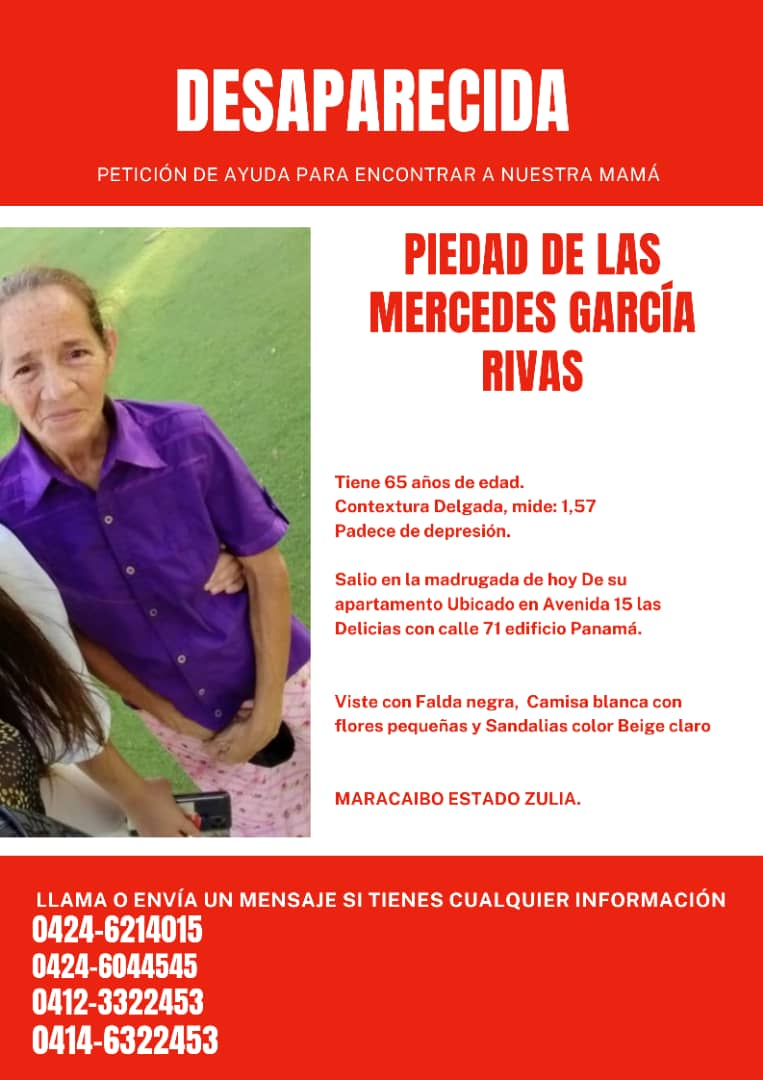 Familiares de la señora Piedad de las Mercedes García Rivas reportan su desaparición: Sufre de depresión