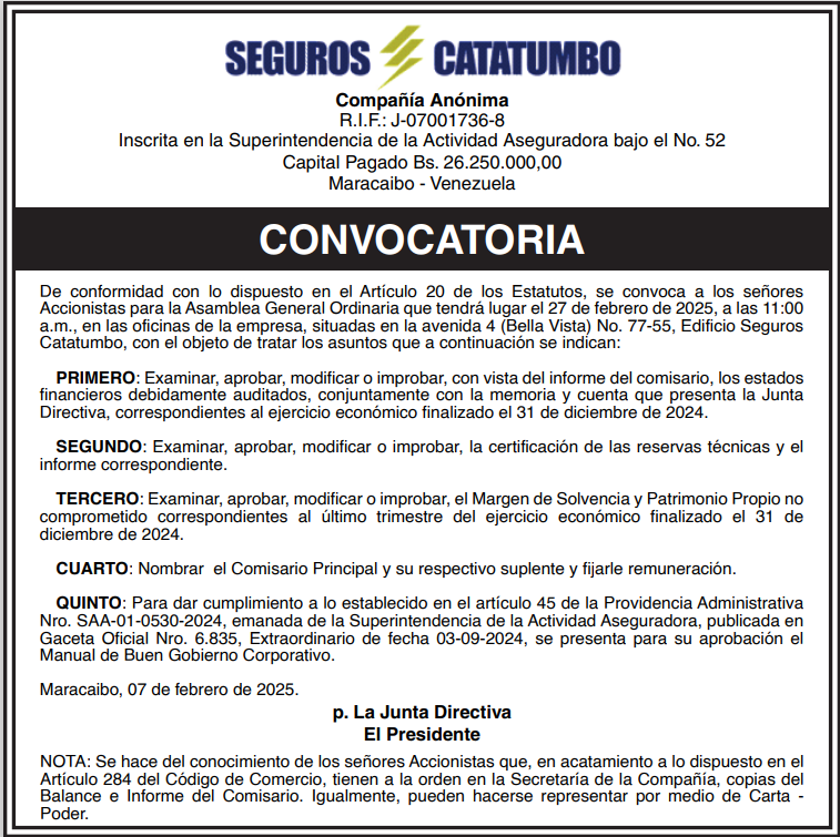 Seguros Catatumbo; Convocatoria Asamblea General Ordinaria