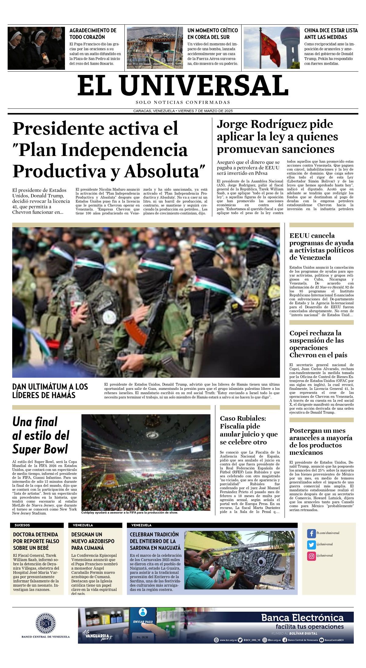 Titulares de la prensa nacional para este viernes 07 de marzo