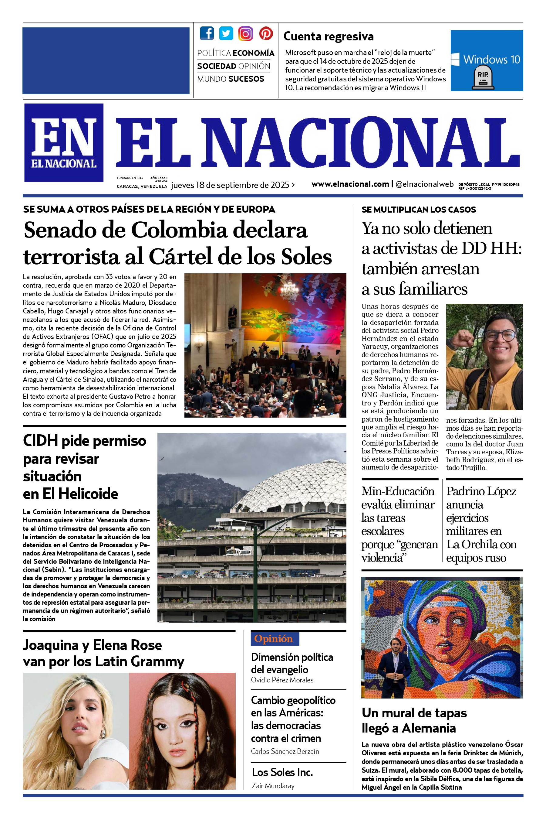 Titulares de la prensa nacional para este jueves 18 de septiembre