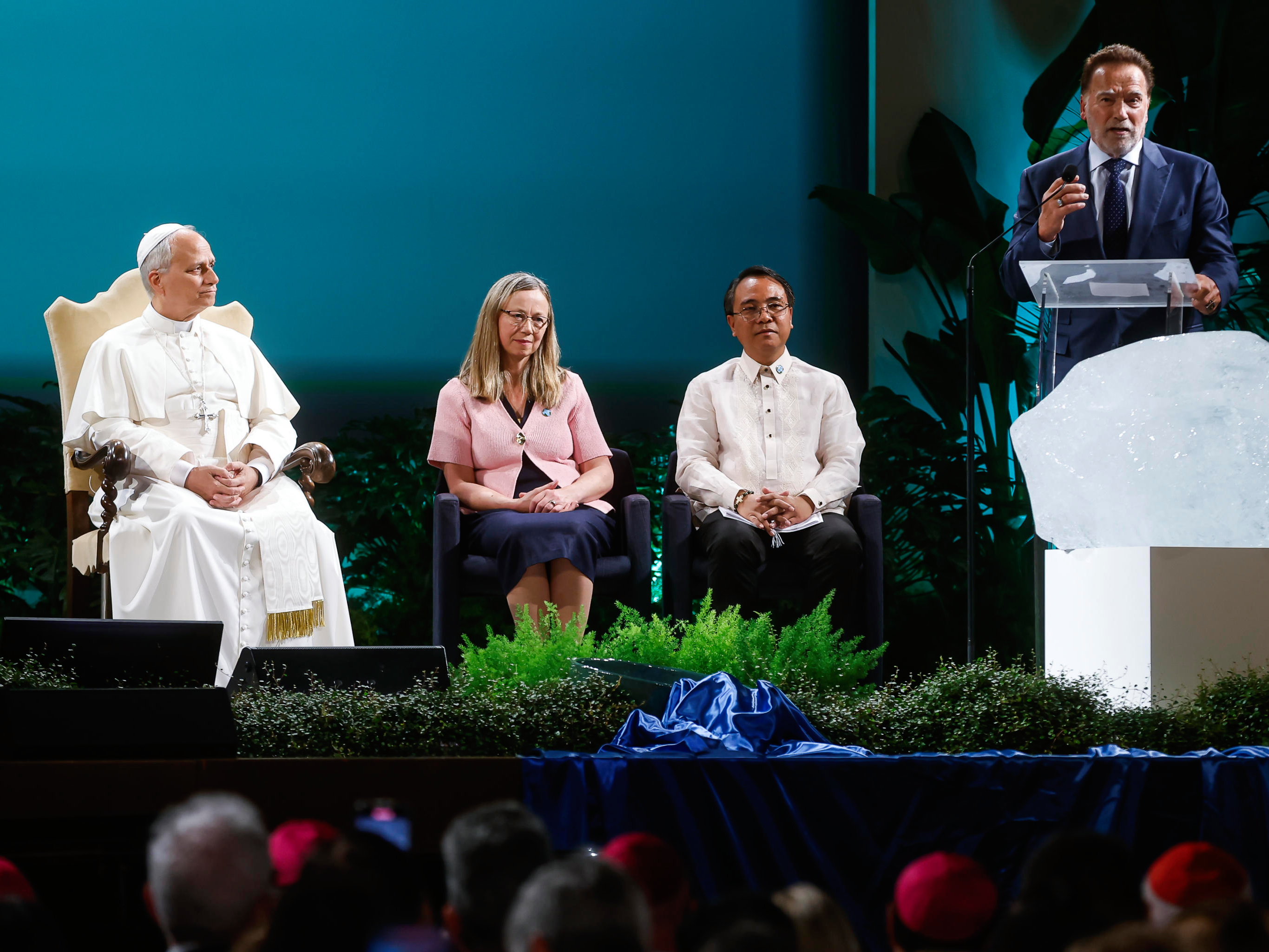 Schwarzenegger hace sonreír al papa León XIV al calificarle de «héroe» ambientalista