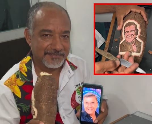 Talló la imagen de Iván Villazón en una yuca y está viral en redes sociales
