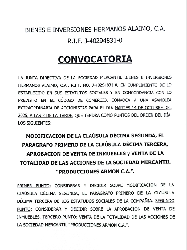 Convocatoria Bienes e Inversiones Hermanos Alaimo, C.A.