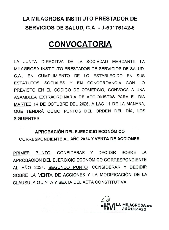 Convocatoria La Milagrosa Instituto Prestador de Servicios de Salud, C.A.