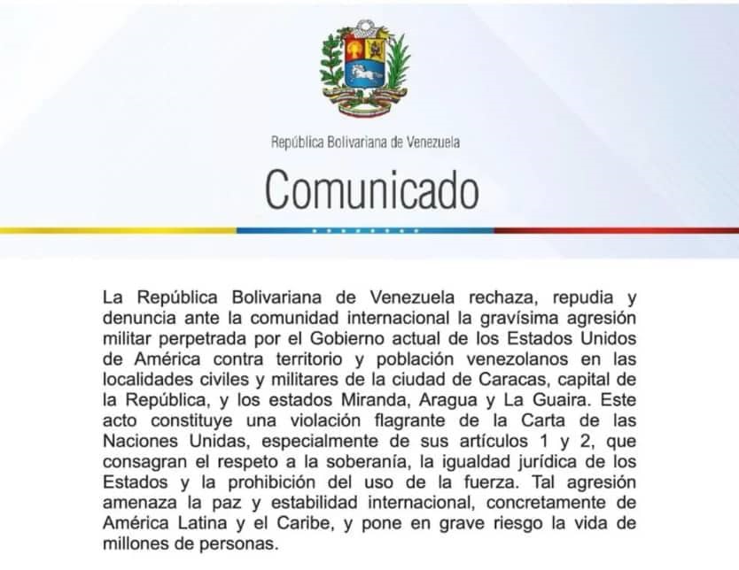 Gobierno venezolano denuncia agresión militar de EE. UU. en varias localidades del país y decreta Estado de Conmoción Exterior