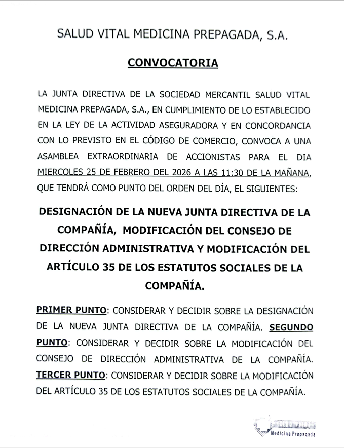 CONVOCATORIA: SALUD VITAL MEDICINA PREPAGADA, S.A.